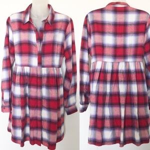 Altar’d State Womens Pink Plaid Flannel Button Up Babydoll Long Sleeve Dress L